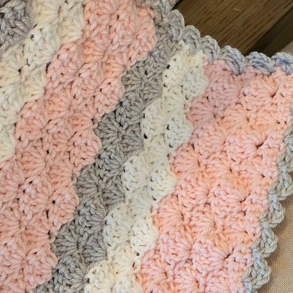 NEW Crochet Baby Blanket in Pink, Gray, and White HANDMADE BY SELLER 36 X 35 In - Picture 6 of 6